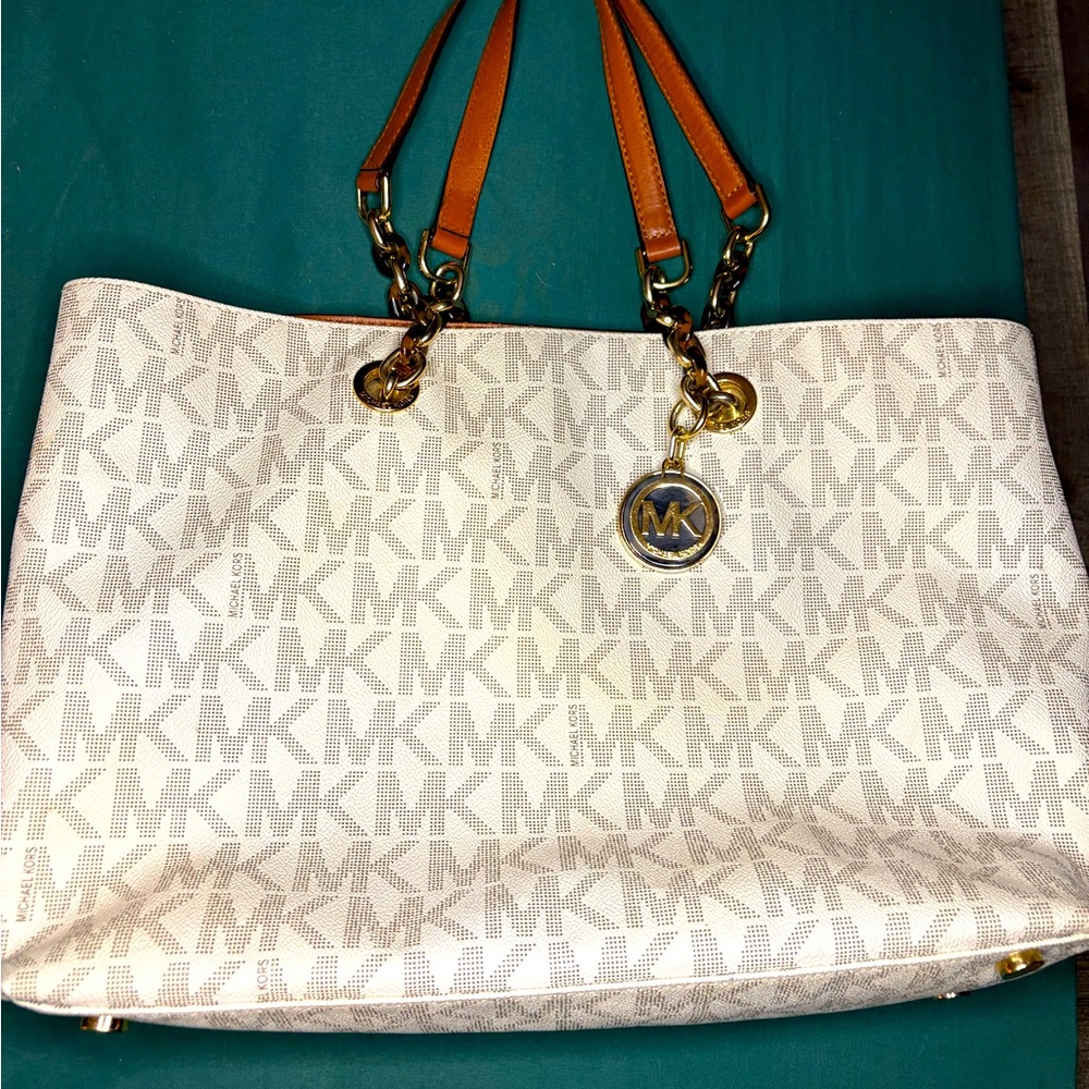 Brown and White Michael Kors Tote Bag